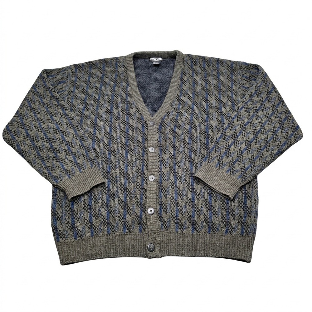 Vtg Jantzen Cardigan Sweater Men XL Acrylic Knit Geometric Blue Grey Grandpa 90s